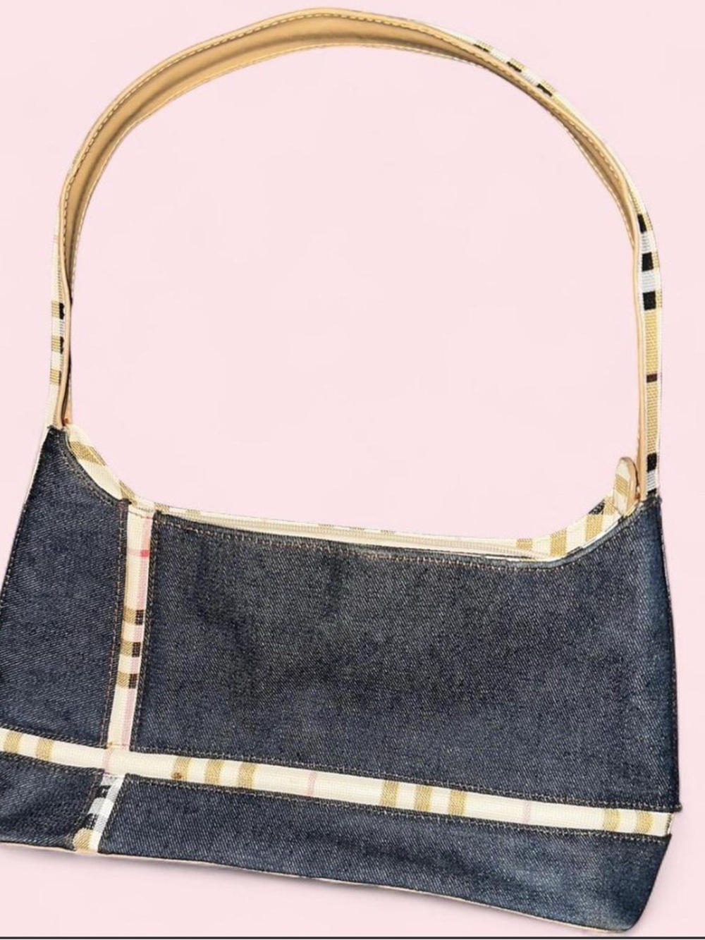 Denim Shoulder Bag with Beige Plaid Trim